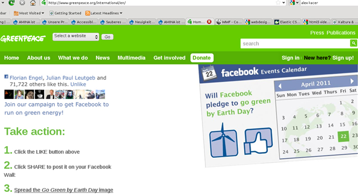 Screenshot showing the Greenpeace website with increased font size after I applied some CSS changes