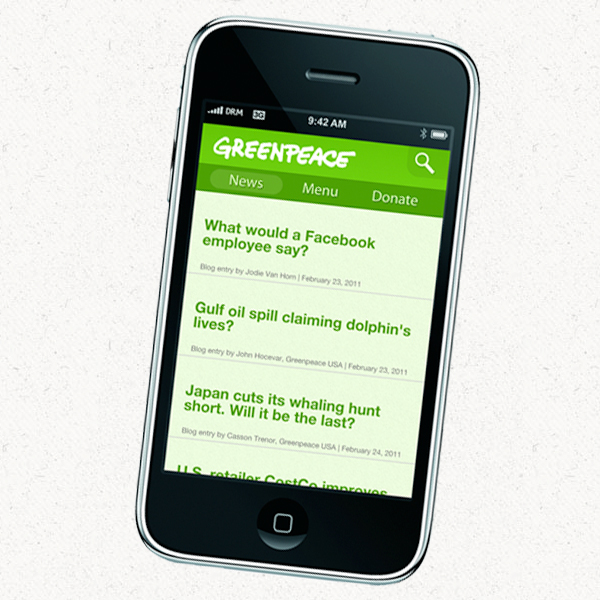 Mockup of a mobile version of greenpeace.org