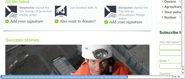 Screenshot of greenpeace.org with a small window size leading to a vertical scroll bar